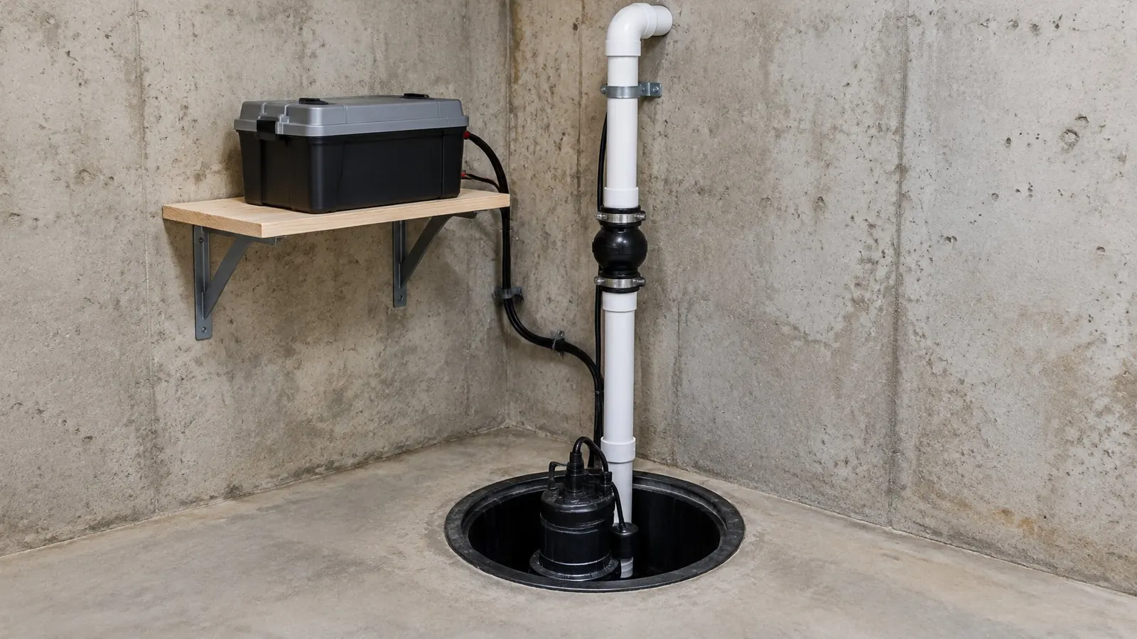 Sump pump in a basement pit with a PVC discharge pipe, check valve and battery backup